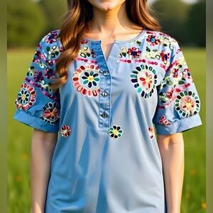Bohemian Medium Wash Embroidered Floral Puff Sleeves Loose Fit Blouse